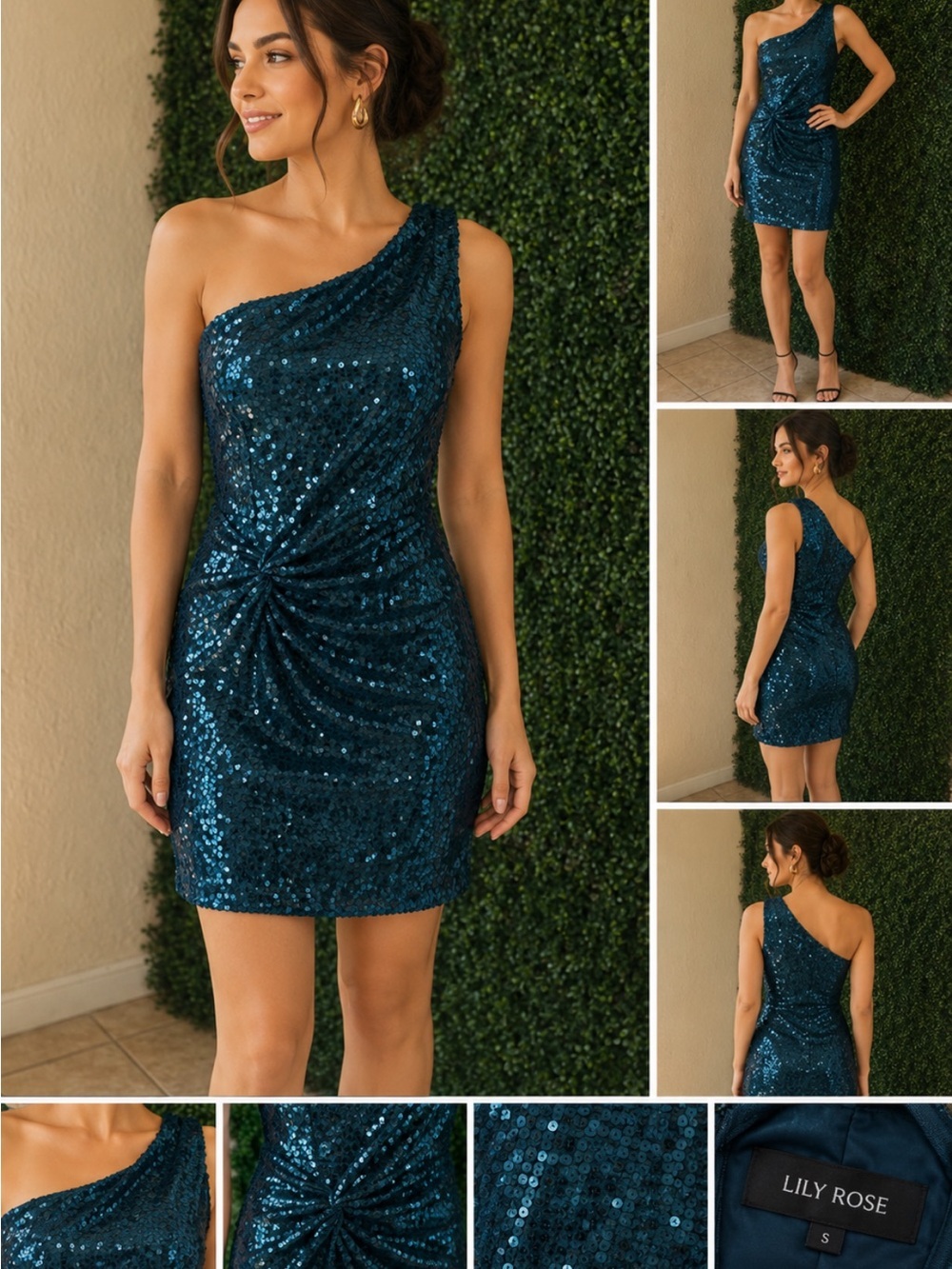 Lily Rose Teal One-Shoulder Sequin Dress # 49